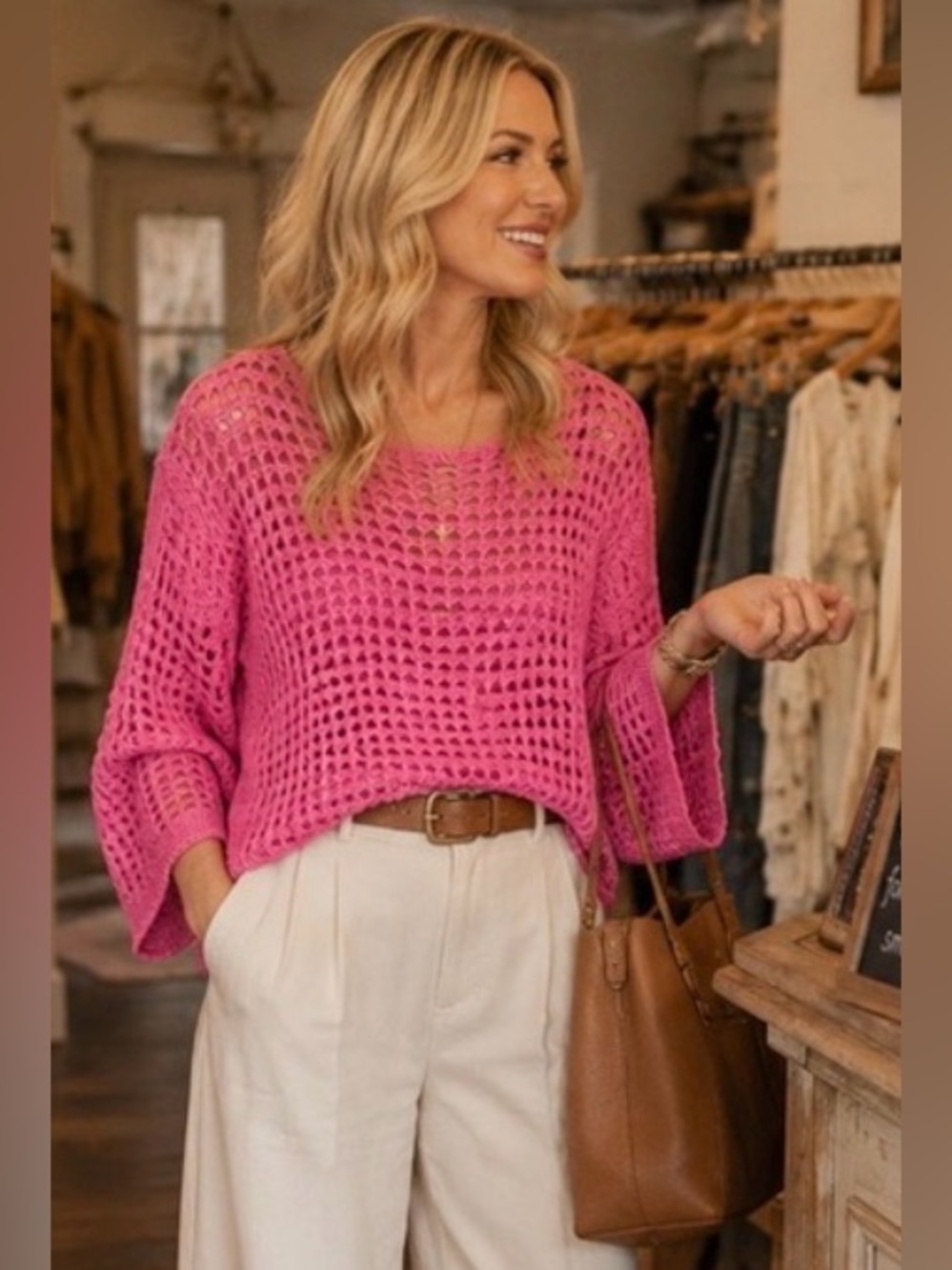 🌸 POL Boutique Hot Pink Open Knit Sweater | Boho Beachy Layering Top PTP 22”